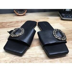 Open Edit Lely Slide Sandal Womens 5.5 Black Leather Buckle Slip-On Classic Flat